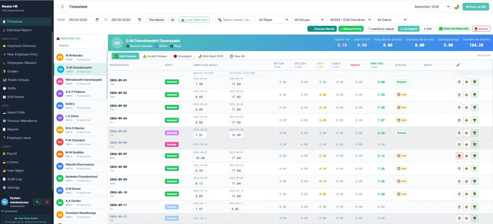 Master HR HRIS timesheet screenshot